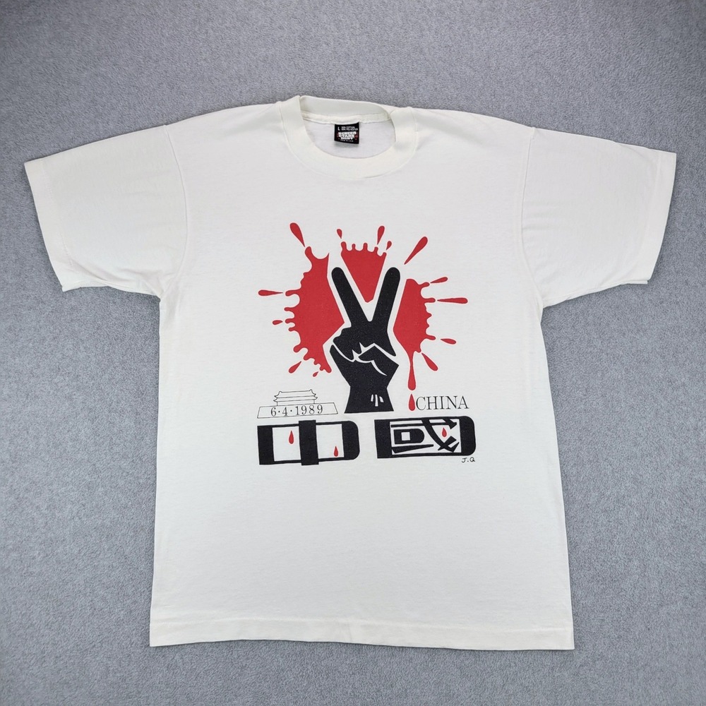 Screen Stars Best T-Shirt Mens L White 1989 Tiananmen Square Protest VTG 80s